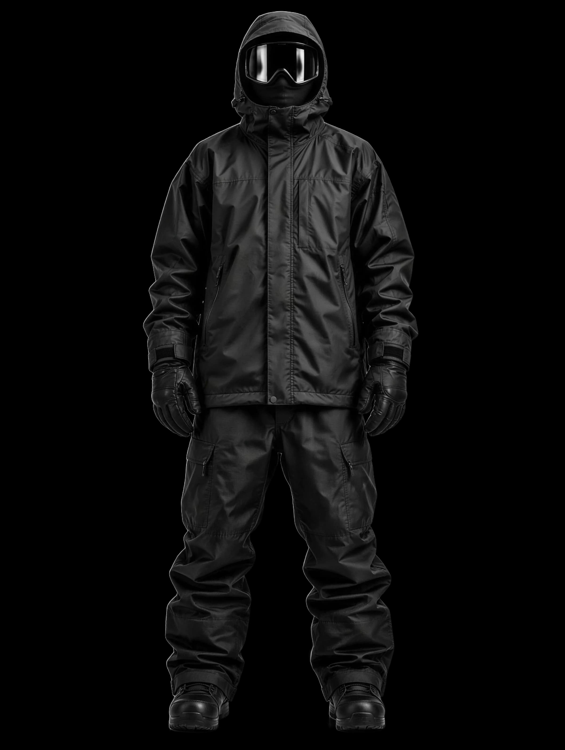 Rider in a black shell jacket, goggles and snow pants