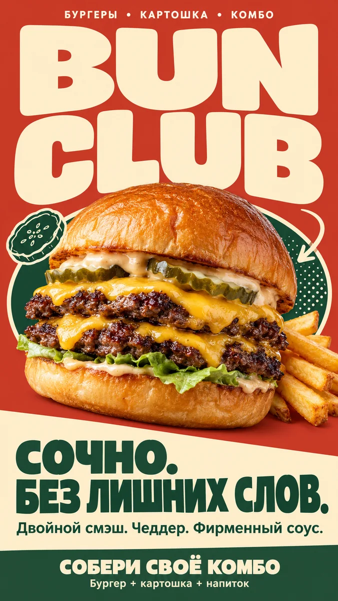 BUN CLUB poster: a double smash cheeseburger with pickles and fries on red. Juicy. No extra words. Double smash, cheddar, house sauce.