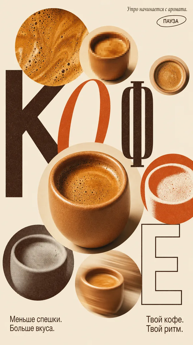 Cream poster with the word «Кофе» spelled around cups of coffee. Less rushing, more flavour.