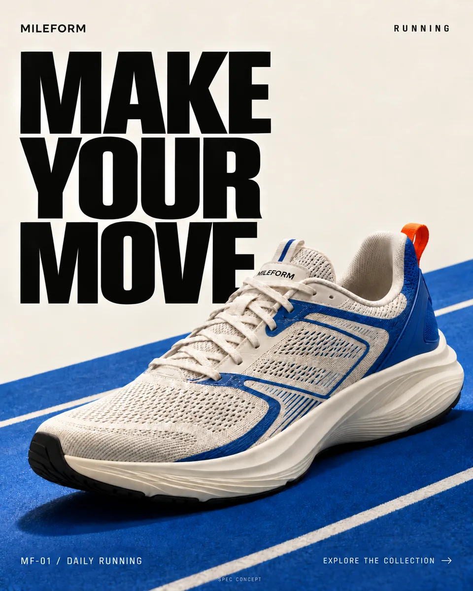MILEFORM poster: a cream running shoe with royal-blue overlays and an orange heel tab on a blue running track. Make your move. MF-01, daily running.