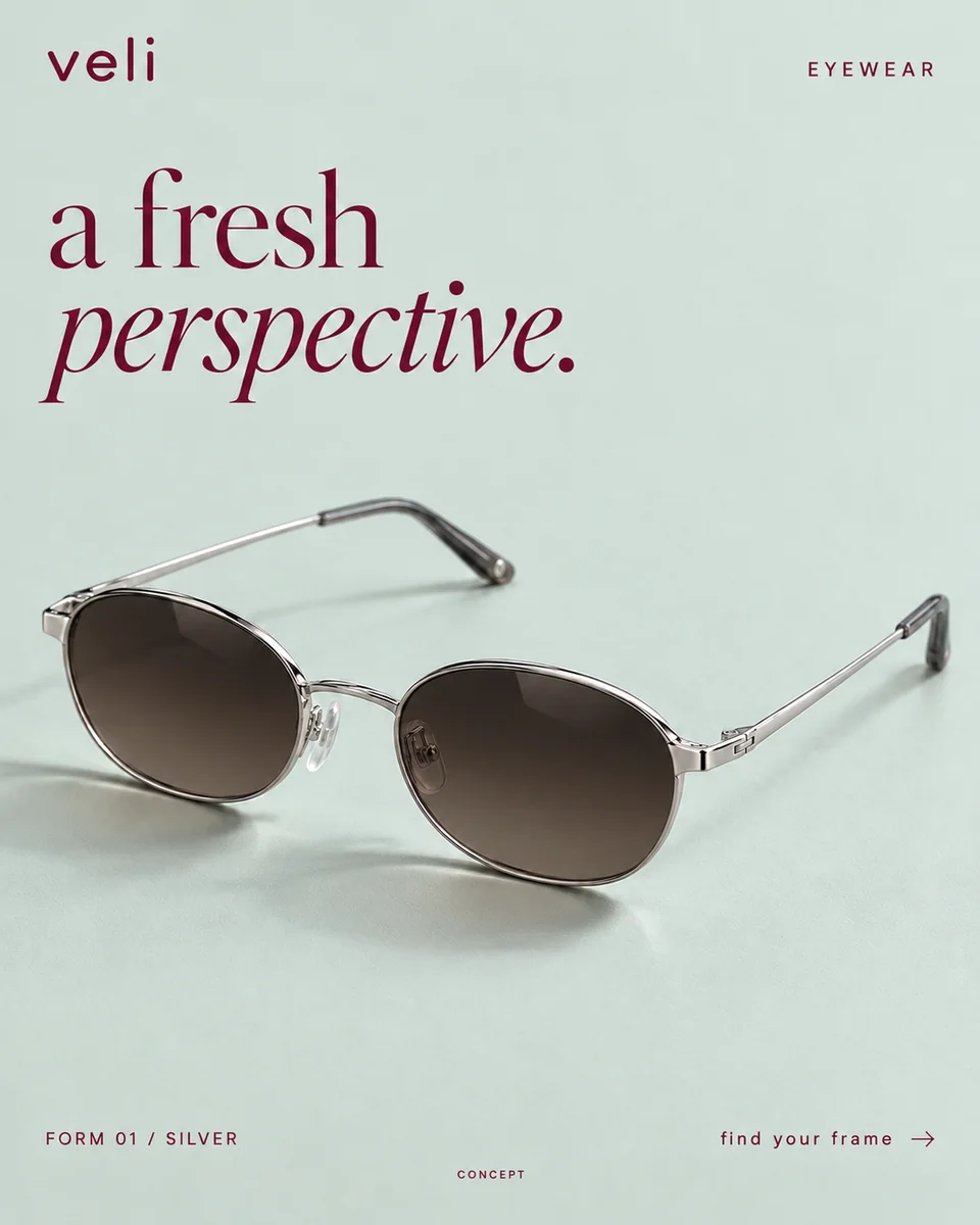 veli poster: thin silver oval sunglasses with brown gradient lenses resting on pale sage. A fresh perspective. FORM 01 / Silver, eyewear.
